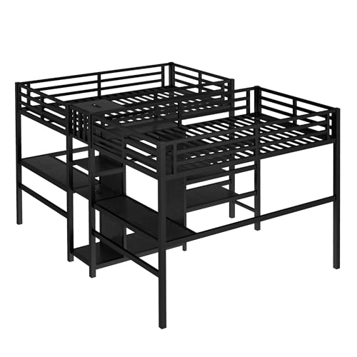 Twin Size Double Loft Bed with Desks, Heavy Duty Metal Loft Bed Frame with Charging Station, Wardrobe & Storage Shelves, Noise Reduced