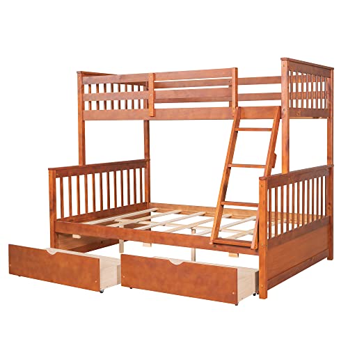 Ball & Cast Full Over Full Bunk Bed with Twin Size Trundle and Built in 4 Drawer,Wood Bunkbed w/Storage Ladder & Slat Support