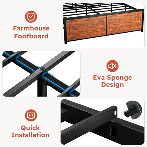 Full Size Bed Frame with Headboard, LED Platform Bed with 4 Storage Drawers, Built in Charging Station, Noise-Free, Metal Support Base