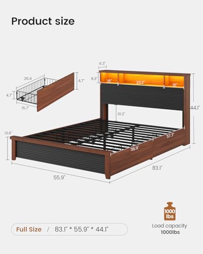 VIAGDO Wood Bed Frame Full Size with 4 Storage Drawers and Charging Station, Fluted Led Full Bed Frame with 2 Tier Storage Headboard