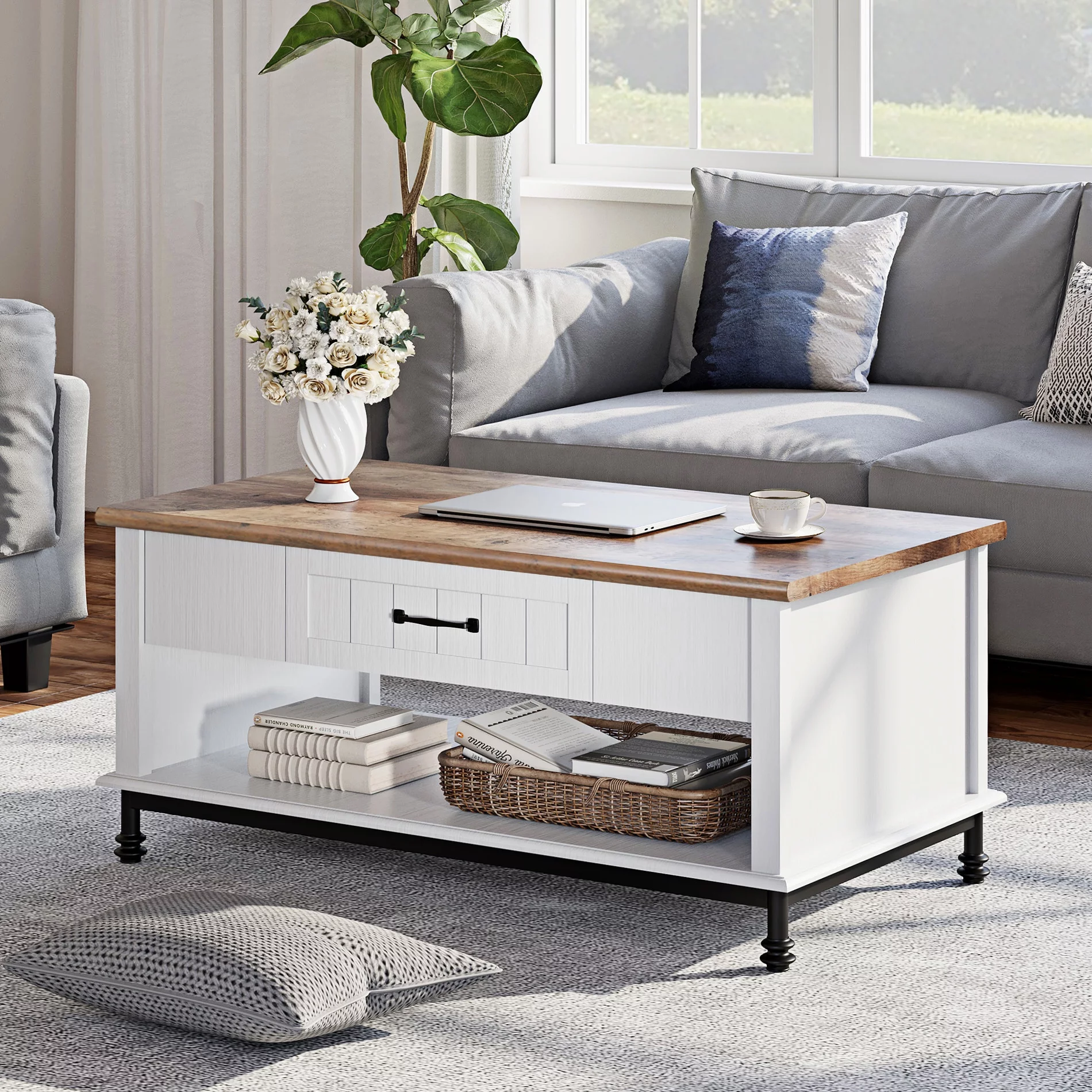 Wampat Farmhouse Coffee Table, Large Rectangle Storage Center with Drawer for Living Room