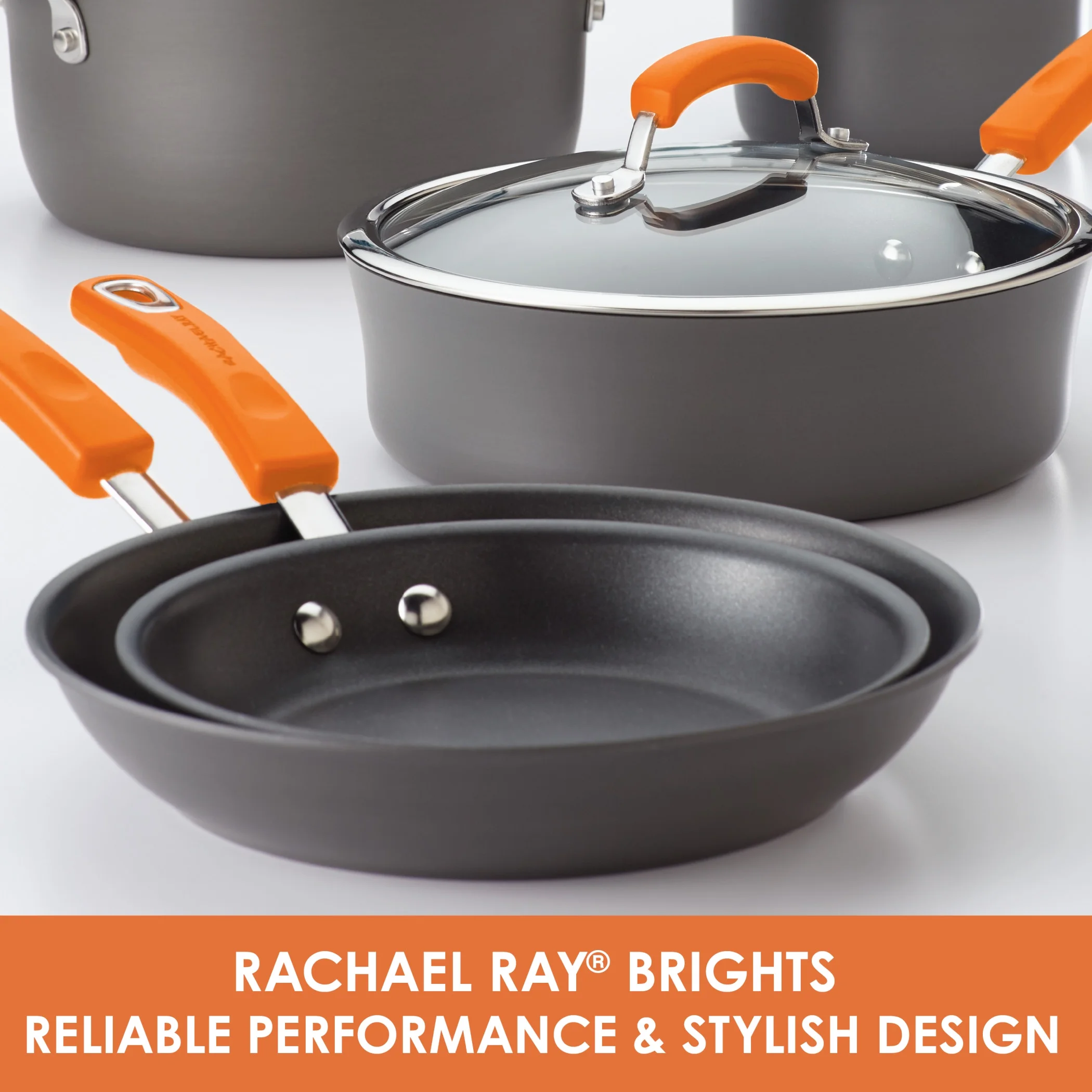 Rachael Ray Hard Anodized 14 Piece Nonstick Pots and Pans Set, Gray with Orange Handles