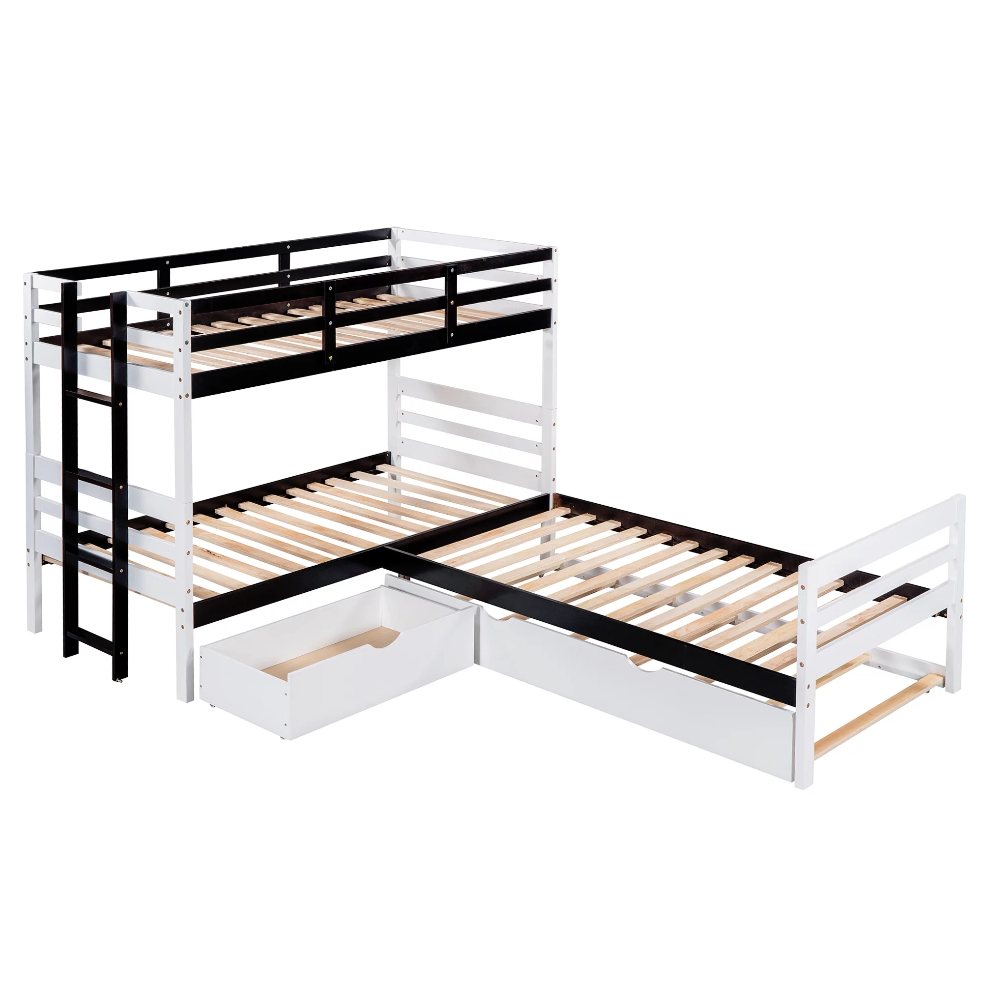 L-Shaped Twin Bunk Bed and Platform Bed with Trundle and Drawer, White - Curated Treasures Market
