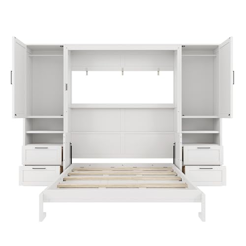 Queen Size Murphy Bed Wall Bed with Desk and Closet,Drawers and Shelves,for Small Spaces Studio Study Office Guest Room Use (Gray#Desk, Queen)