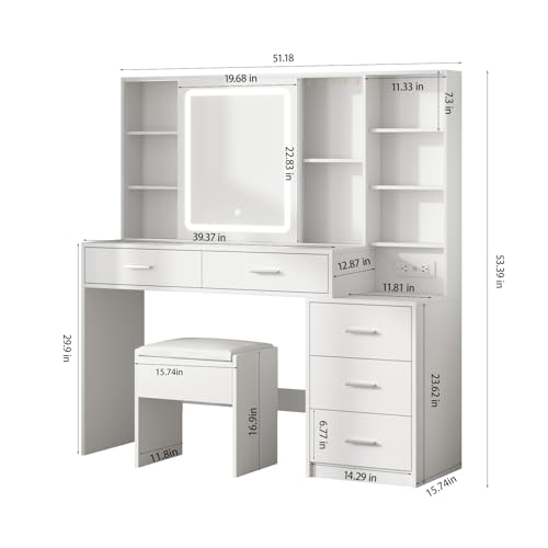 Fameill Vanity Desk with Mirror and Lights, Makeup Vanity with 5 Drawers, Makeup Desk with Charging Station and Ample Storage