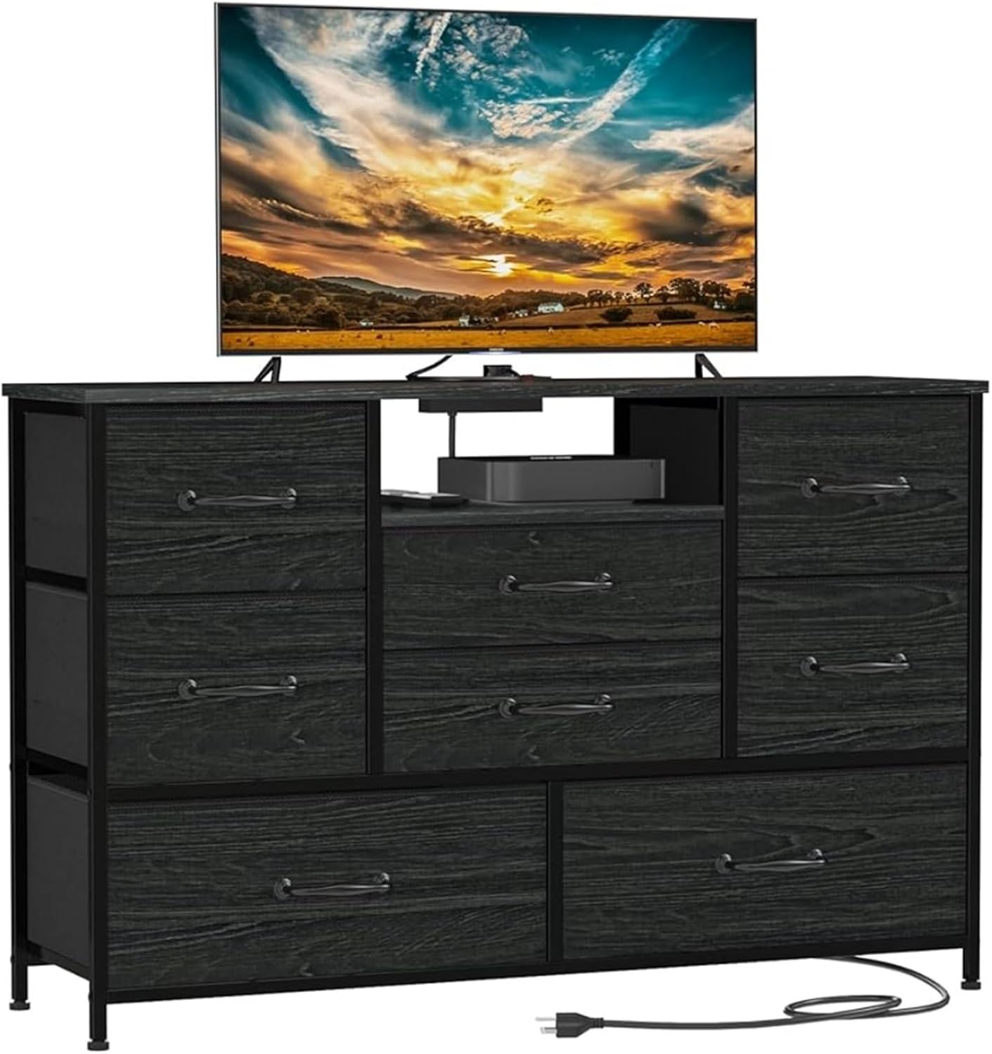 Dresser TV Stand with Power Outlet for 55'' Long TV, Entertainment Center with 8 Deep Drawers,Wide Chest of Drawer,Entertainment Center, Black, aa-00