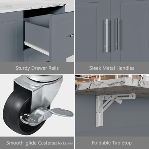 4 EVER WINNER Rolling Island with Storage and Drop Leaf, Marble Tabletop, Kitchen Carts on Wheels with Towel Rack & Spice Rack