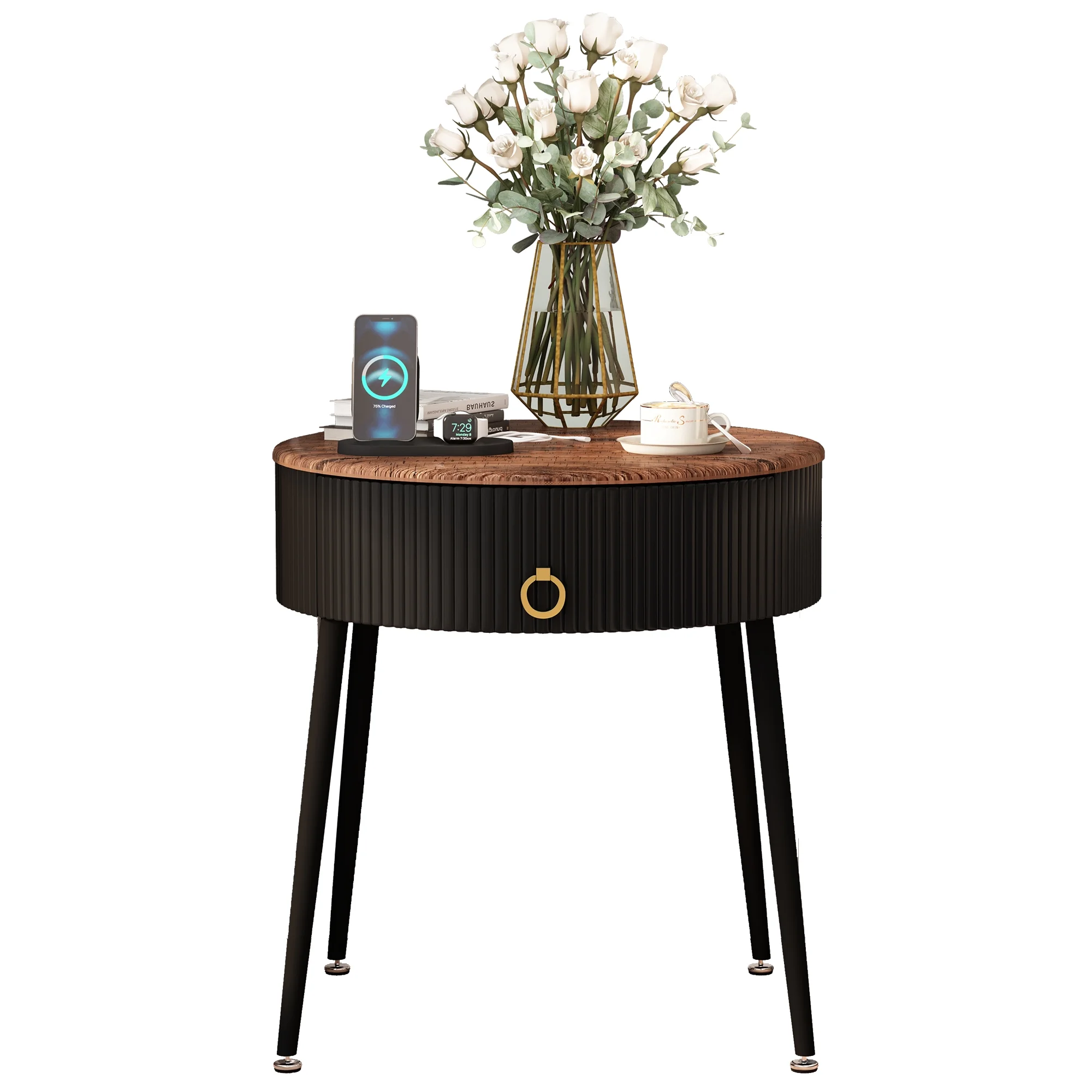 ASYA Black Metal End Table Set of 2, Wood Nightstand Side Table with Drawer, Round Accent Table for Home Living Room Bedroom, 20.63''H