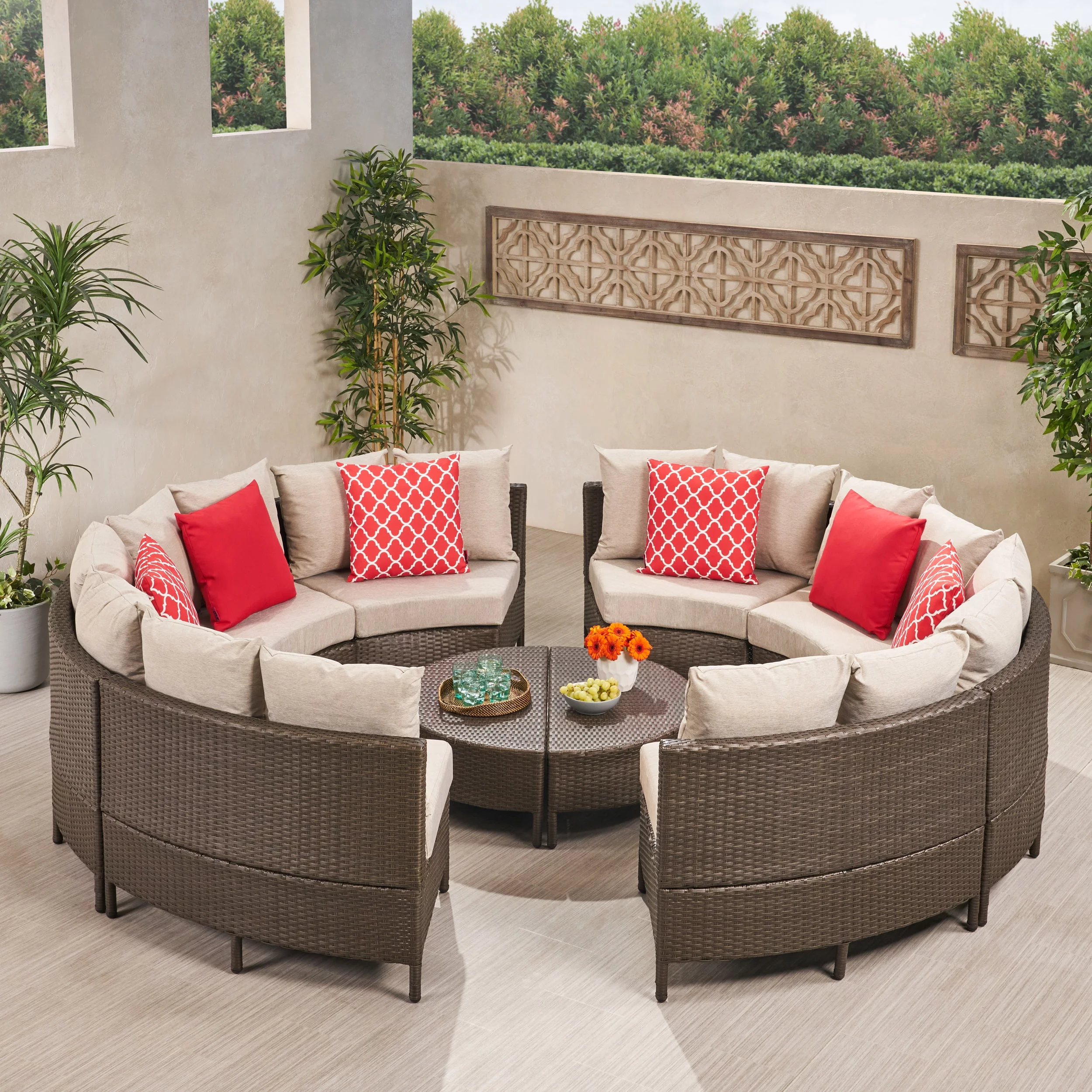 Hampton Outdoor 16 Seater Wicker Sofa Set with Cushions, Light Brown, Ceramic Grey