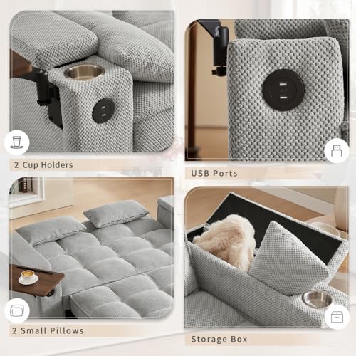 68.11" Corduroy Sleeper Chair Bed with USB Port, Cup Holders & Side Storage Pockets – 3-in-1 Foldable Sofa Bed for Guest Room, Living Room – White