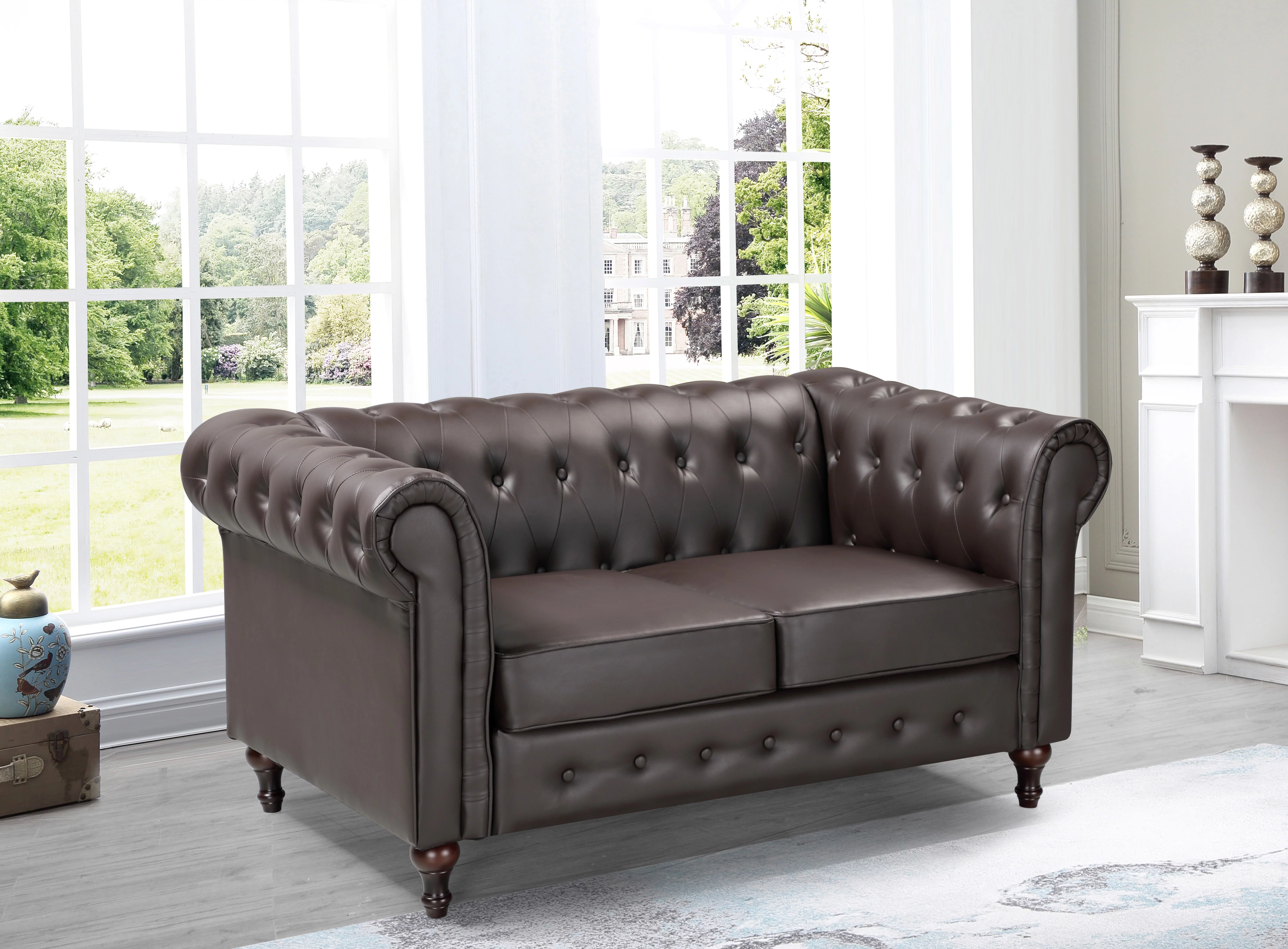 Uspridefurniture Oriskany Chesterfield Faux Leather Loveseat -Brown, Solid Wood Leg