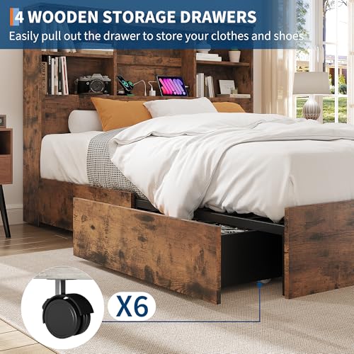 GarveeHome Full Size Bed Frame with High Storage Bookcase Headboard, Wood Bed Frame with 4 Storage Drawers, Built in Charging Station