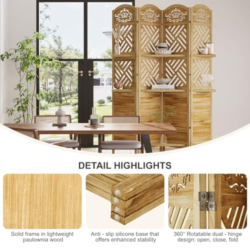 Room Divider with Shelves, 5.75ft Tall Folding Wood Carved Screen with Double Hinges for Home Office Bedroom Hotel Decoration (6 Panels, Natural)