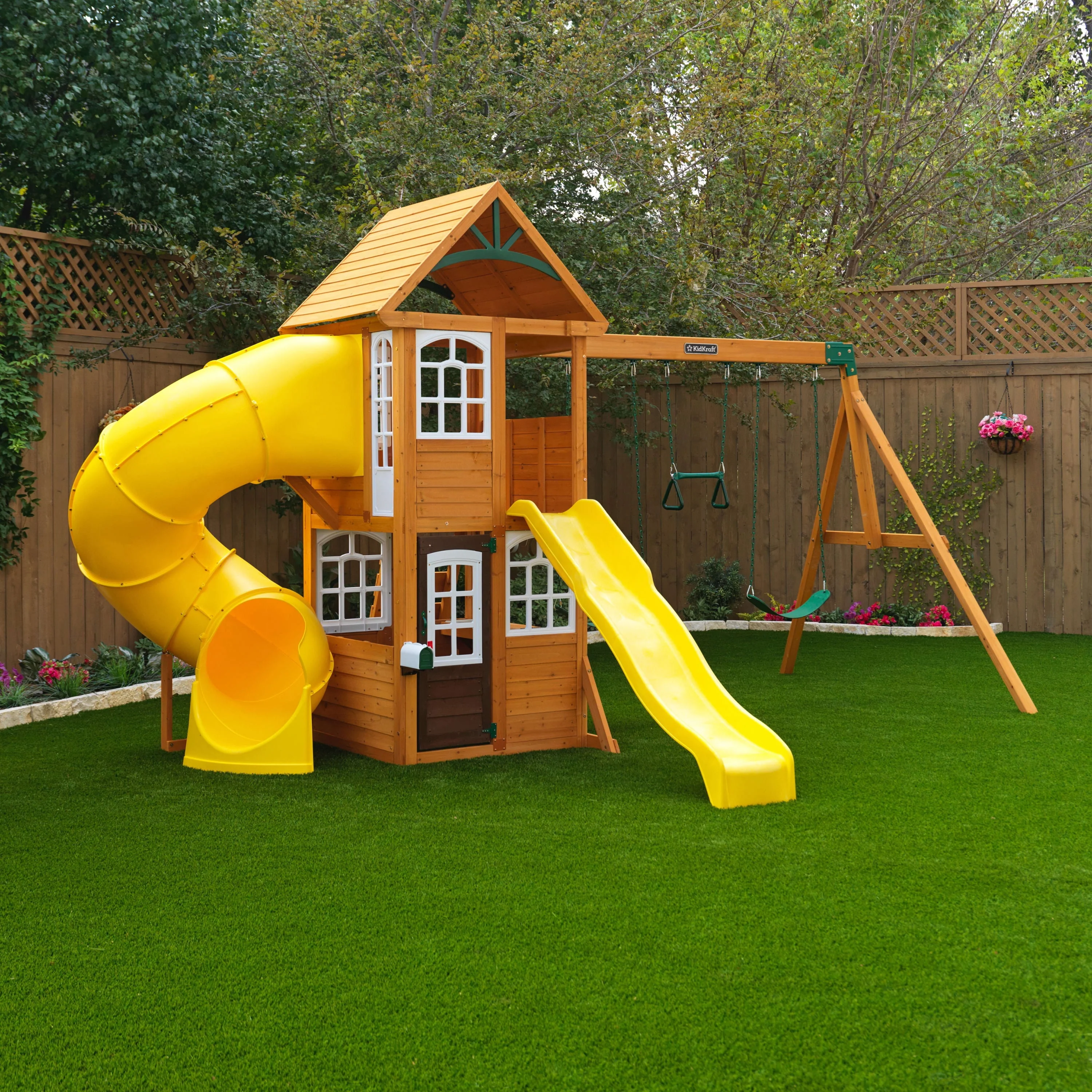 KidKraft Castlewood Wooden Swing Set / Playset with Clubhouse, Mailbox, Slide and Play Kitchen