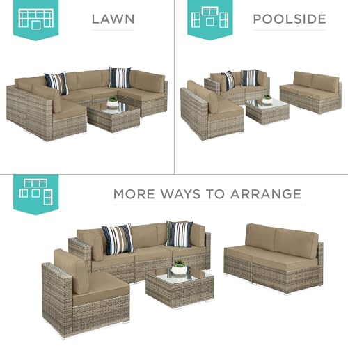 Best Choice Products 7-Piece Modular Outdoor Sectional Wicker Patio Conversation Set w/ 2 Pillows, Coffee Table, Cover Included - Gray/Navy