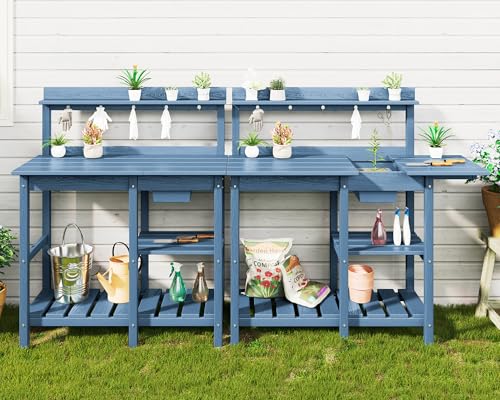 SERWALL Potting Bench Outdoor Potting Table with Sink, HDPE Potting Benches for Outside Gardening Table All Weather Use- Black
