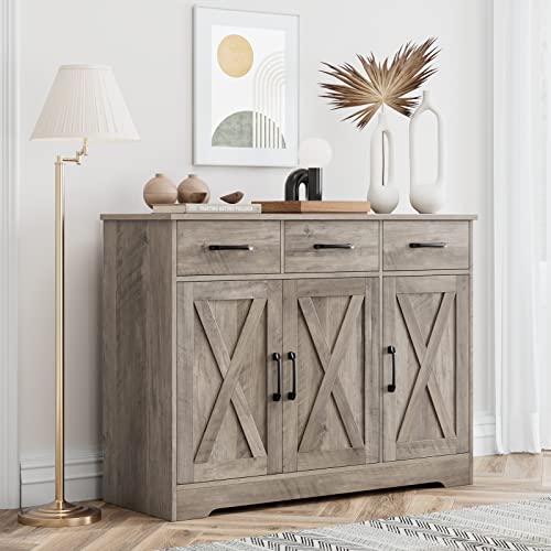 HOSTACK Modern Farmhouse Sideboard Buffet Cabinet, Barn Doors Buffet Storage Cabinet with Drawers and Shelves