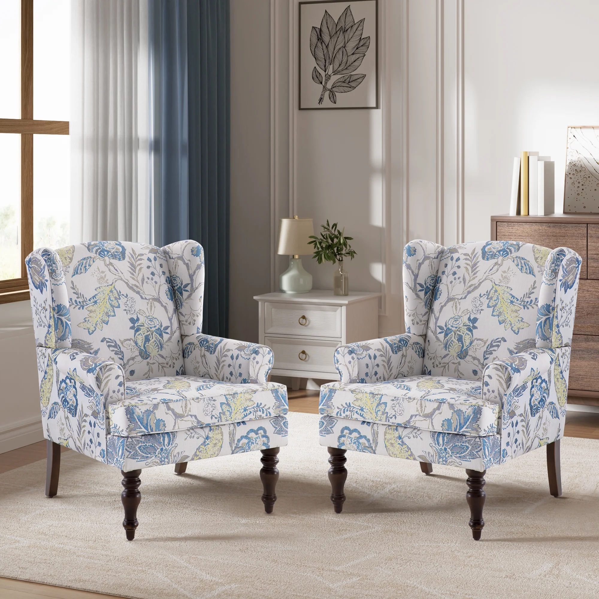 HUIMO Wingback Accent Chair for Living Room, Mid Century Modern Fabric Armchair with Wooden Legs