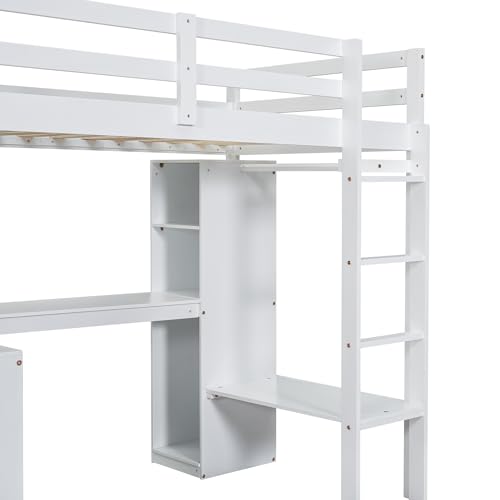 SOFTSEA Full Size Loft Bed with Desk & Wardrobe, Wood Loft Bunk Bed with Storage Shelves and Cabinets