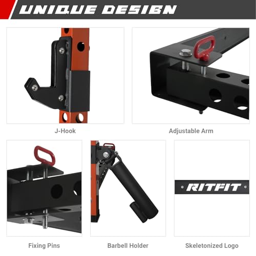 RitFit Multi-Functional Folding Squat Rack for Home Gym, 2.36'' x 2.36'' Wall Mounted Squat Rack with Attachments - Space Saving Squat Power Rack