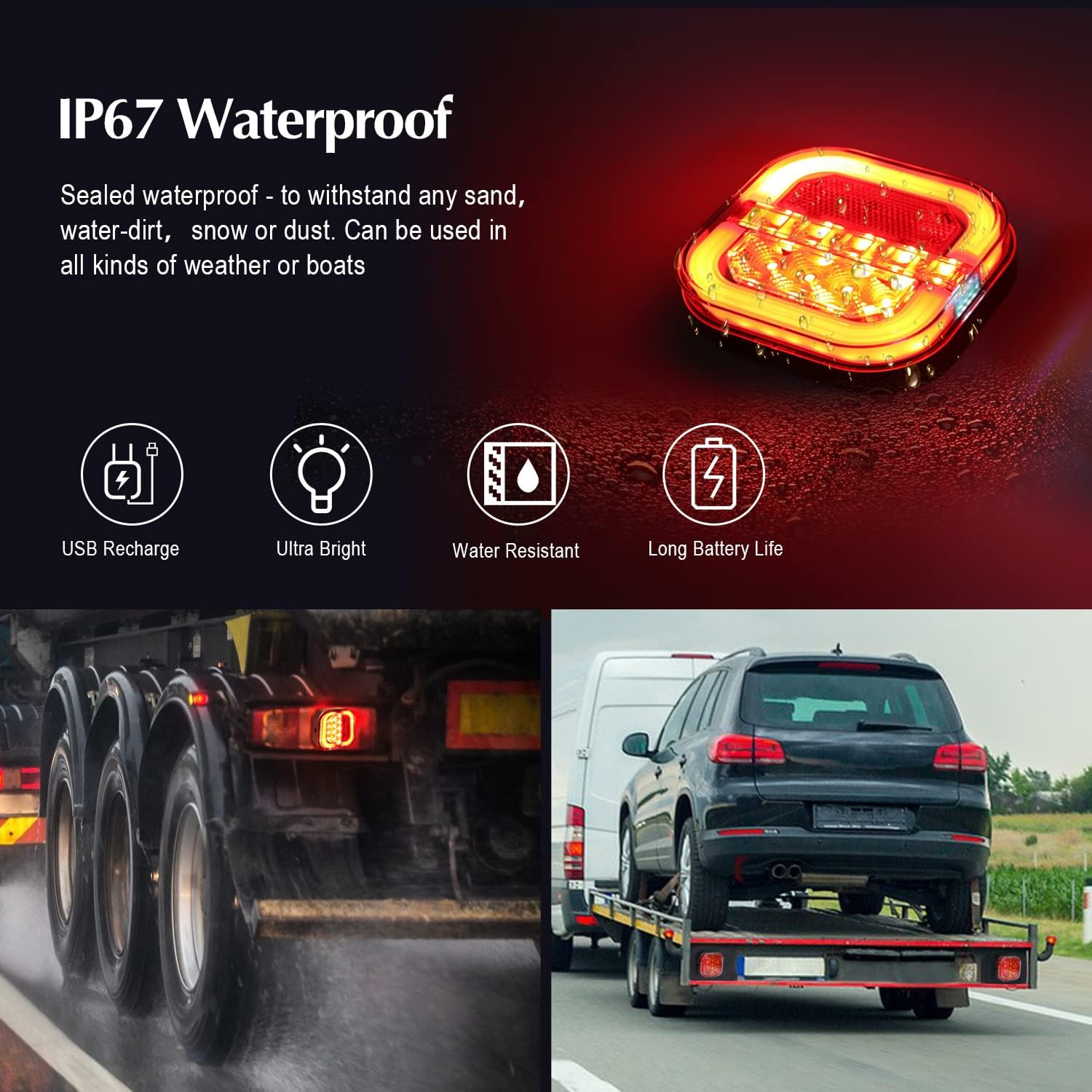 Wireless Trailer Lights for Towing, 2 Pcs Rechargeable LED Magnetic Tail Light Kit for Tow Truck