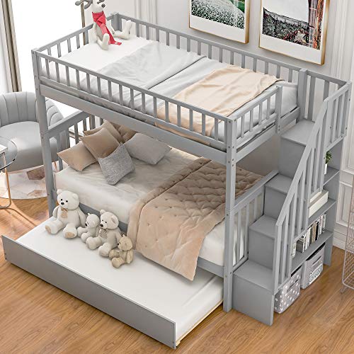 Harper & Bright Designs Bunk Beds Twin Over Full Size, Bunk Bed with Trundle,Storage Shelf and Stairway