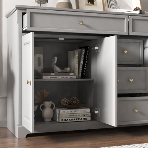 FAMAPY Sideboard Credenza with 5 Drawers, Sideboard Buffet Cabinet with 4 Doors, White Buffet Cabinet with Gold Knobs, Home Bar Cabinet