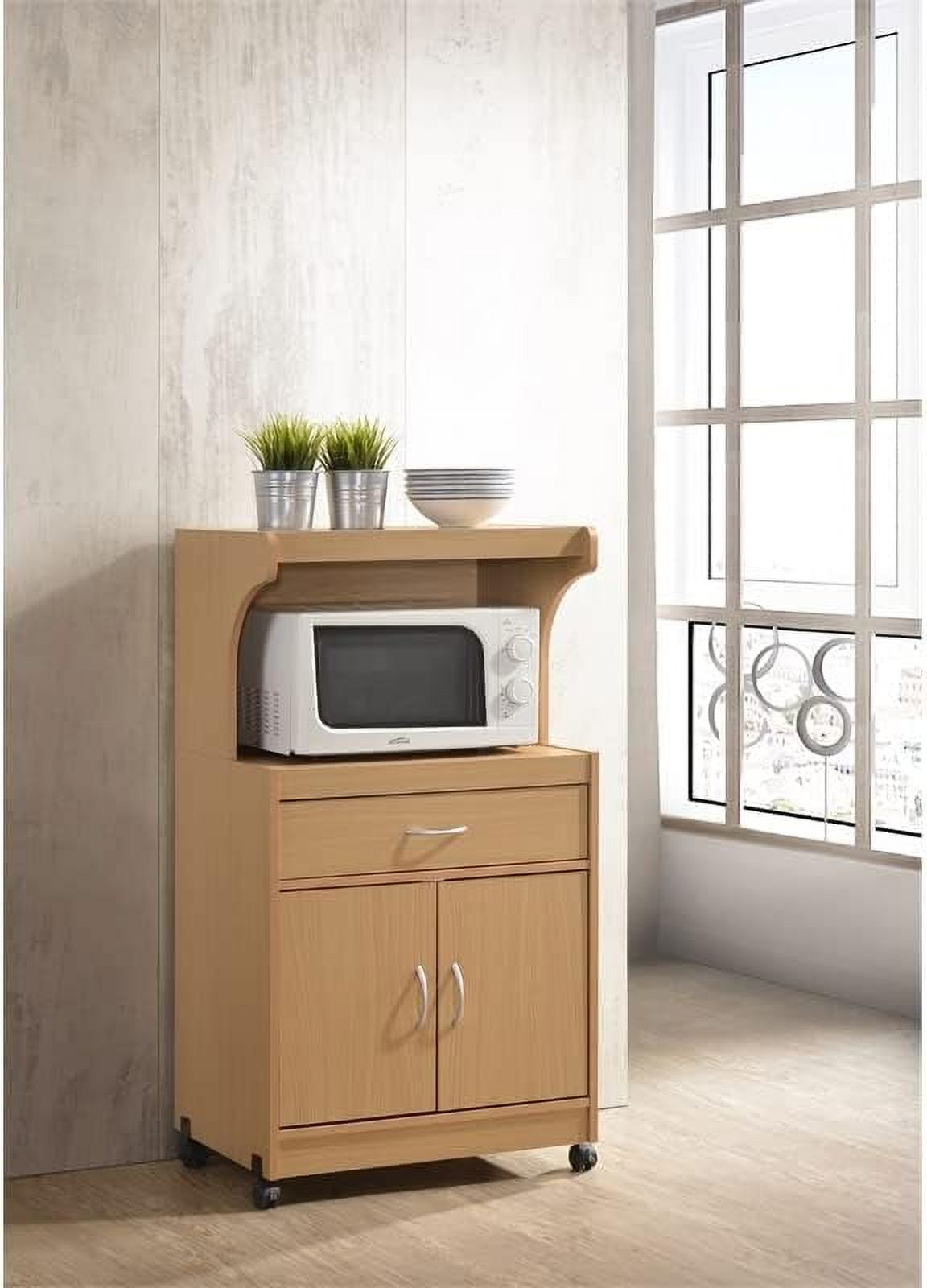 Microwave Kitchen Cart With Utenstil Drawer And Storage Cabinet In Beech