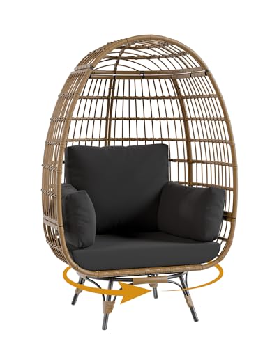 Oversize 360°Swivel Egg Chair Patio Rotating Rattan Egg Basket Lounge Chair, Wicker Egg-Shaped Chair w/Steel Frame Stand and 4 Cushions for Patio