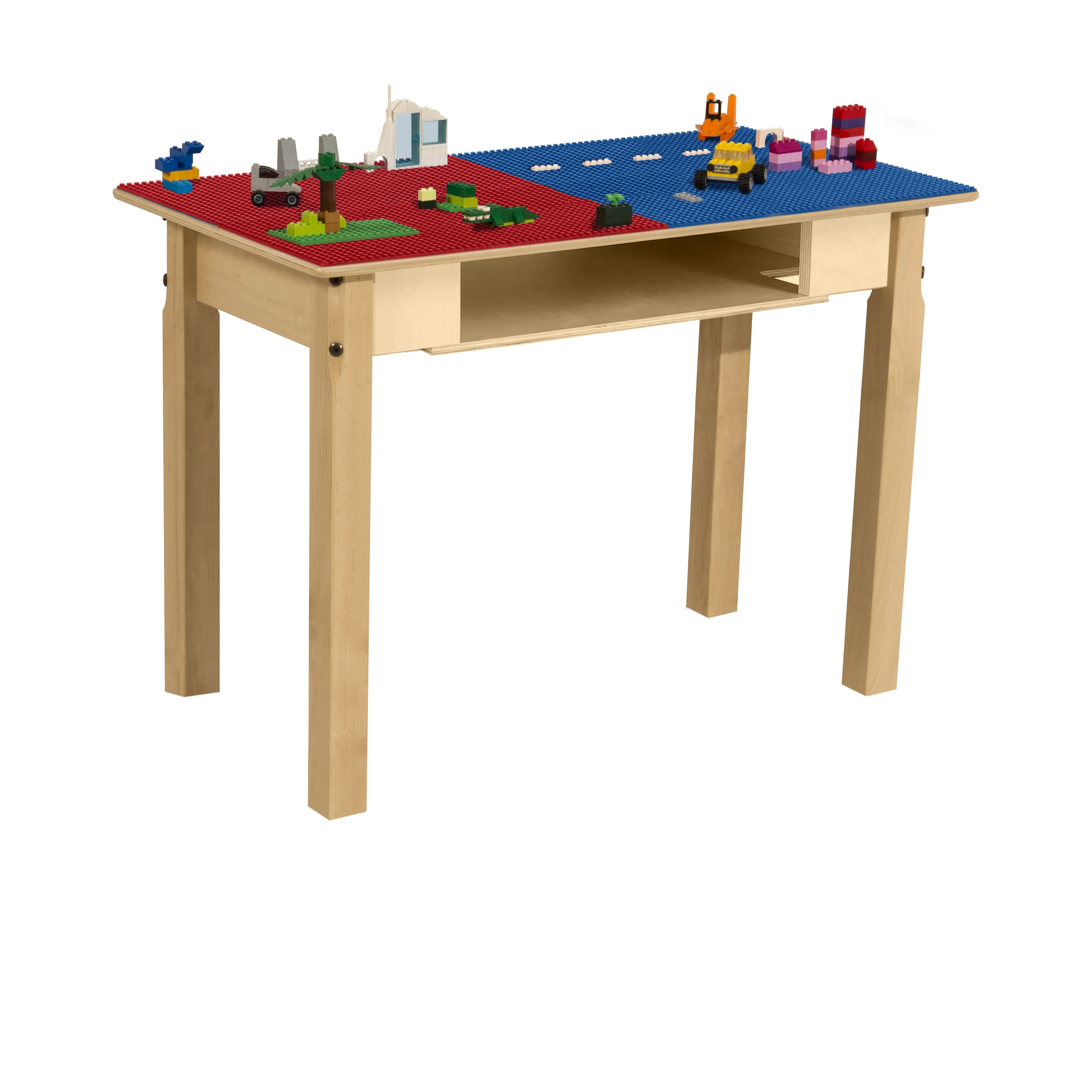 Time-2-Play Montessori Wooden Table, Red N Blue Lego Compatible Blocks Play Table, Activity Desk for Kids Playroom School