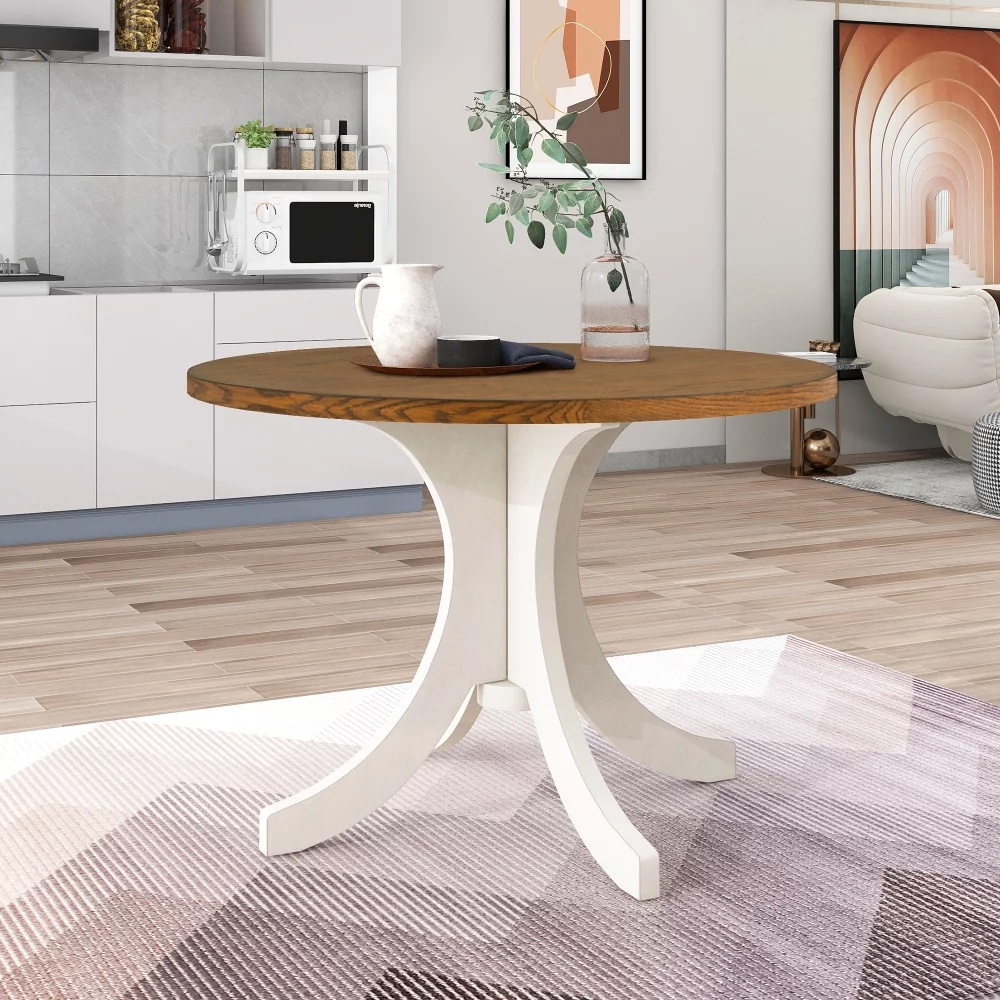 Dining Table Set for 4, Mid-Century Solid Wood 5-Piece Round Dining Room Table Set, Dining Table and Chairs Set for Small Places, Walnut+Beige