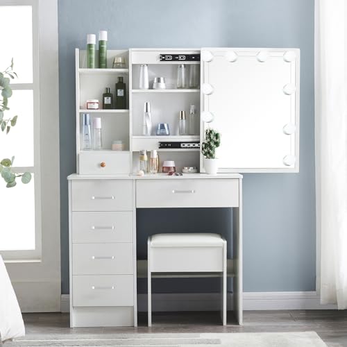 Makeup Vanity Desk with Lighted Mirror & 3 Lighting Modes Adjustable Brightness, Vanity Table with 6 Drawers and Storage Shelves