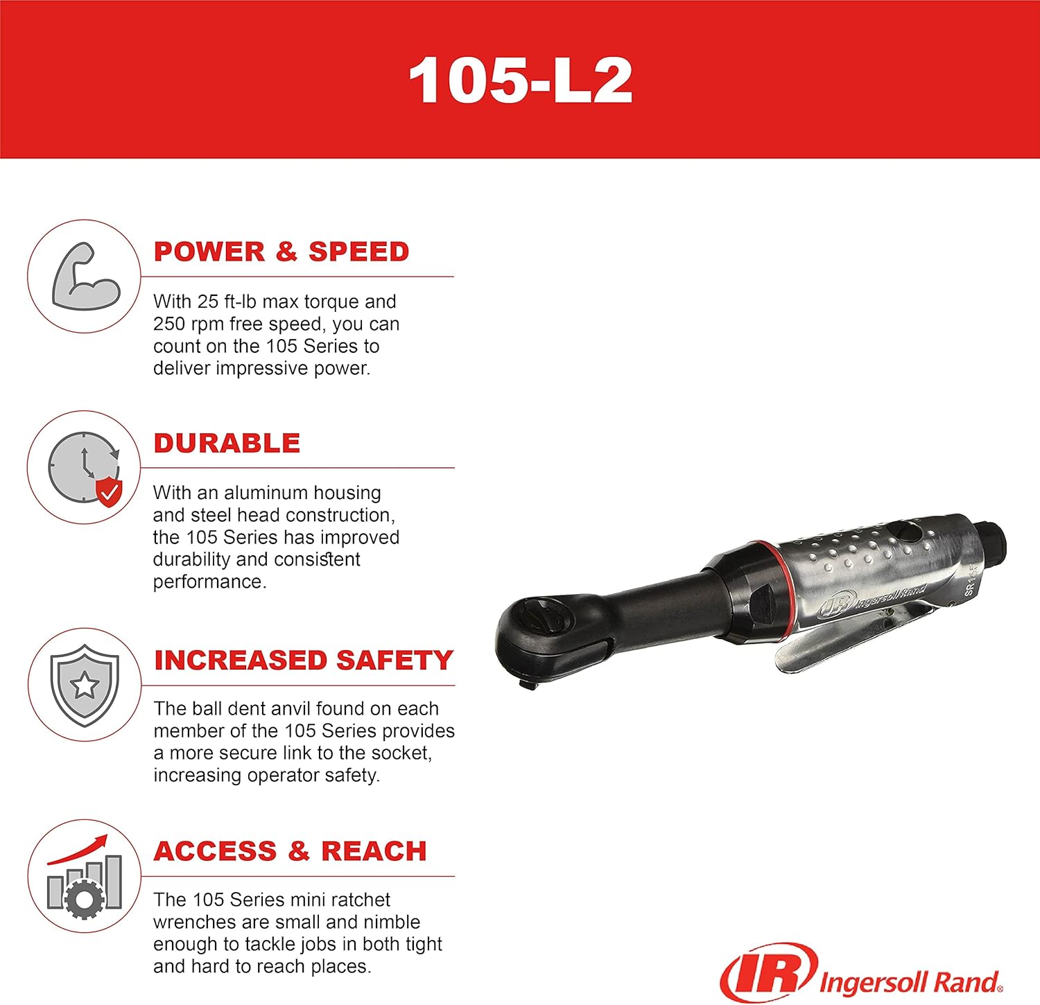 Ingersoll Rand 105-L2 1/4" Air Ratchet, Extended Length