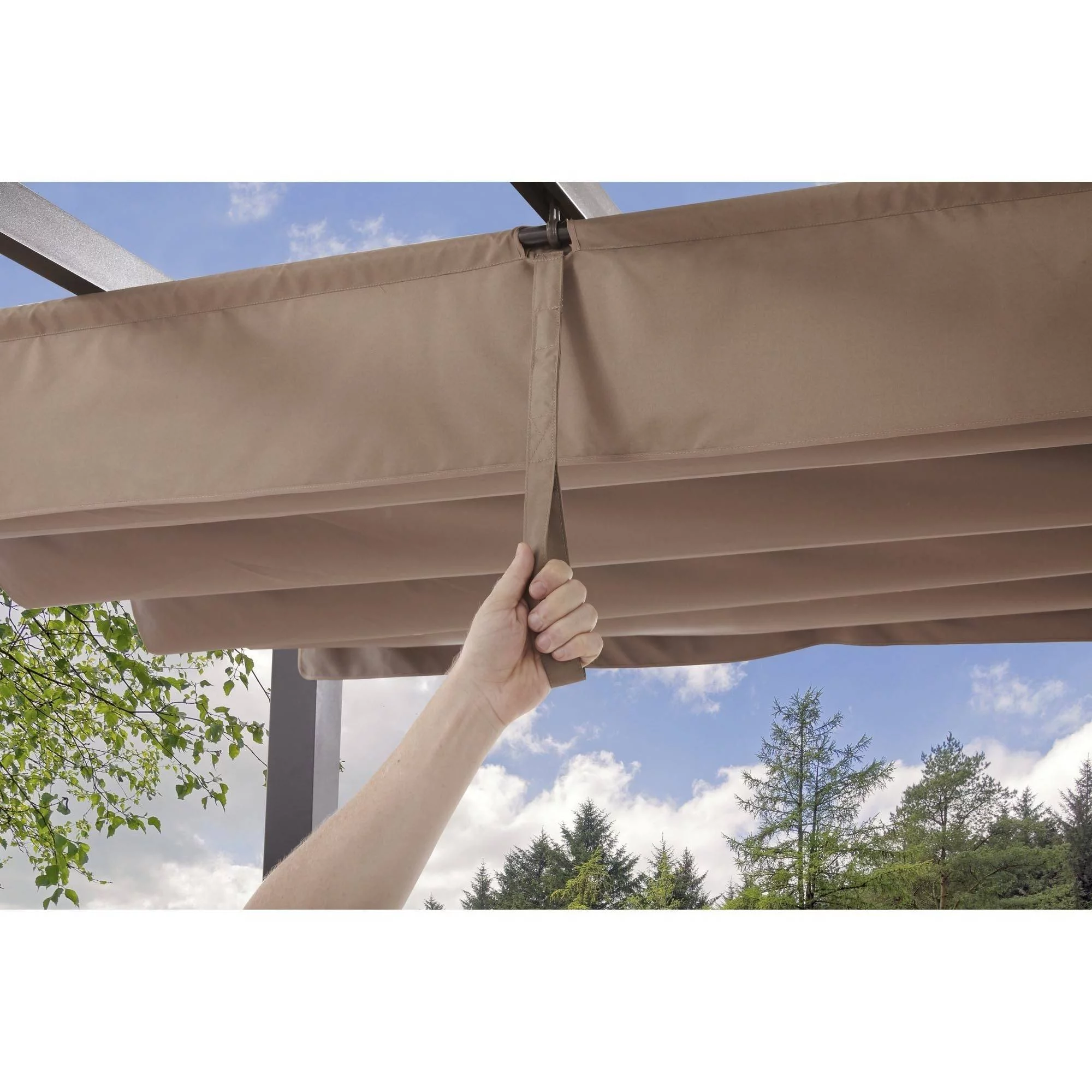 Better Homes & Gardens Meritmoor 9'L x 8.6'W x 7.7'H Steel Pergola with Canopy, Black/Beige