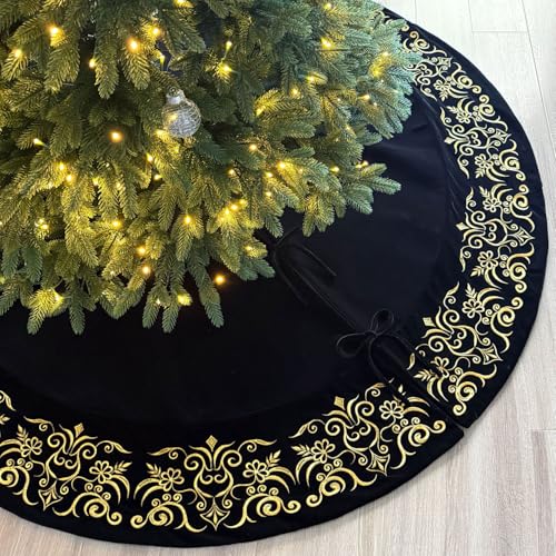 72-Inch Victorian Velvet Christmas Tree Skirt with Gold Damask Embroidery and Plush Lace Ties, Burgundy