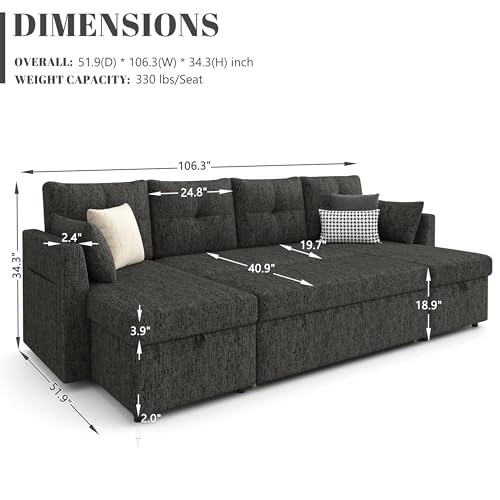 Oversized Sleeper Sofa Couch, 110 inch 2 in 1 Pullout Couch Bed with Double Storage Chaise