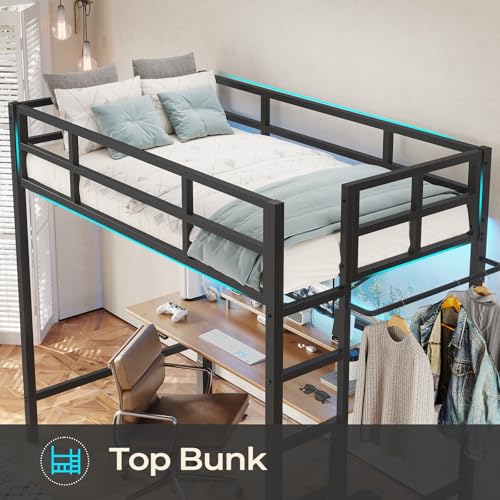 DICTAC Loft Bed Twin Size with Ladder and Guardrail,Metal Twin Loft Bed with Led Lights,Small Space Saving Furniture Design for Bedroom