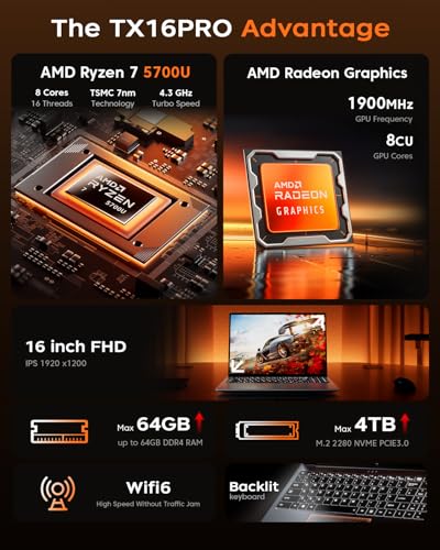 2025 AMD Laptop, 16.0inch Laptop Computer with AMD Ryzen 7 5000 Series(8C/16T, Up to 4.3GHz), 16GB RAM 512GB NVMe SSD Windows 11 Laptop