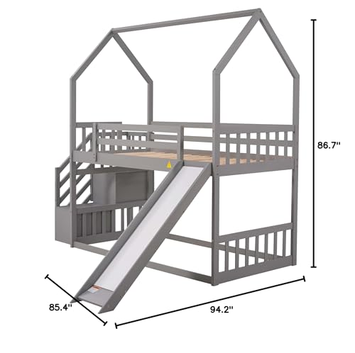 Merax Twin Over Twin House Bunk Bed Frames with Slide and Storage Staircase, No Box Spring Needed, White