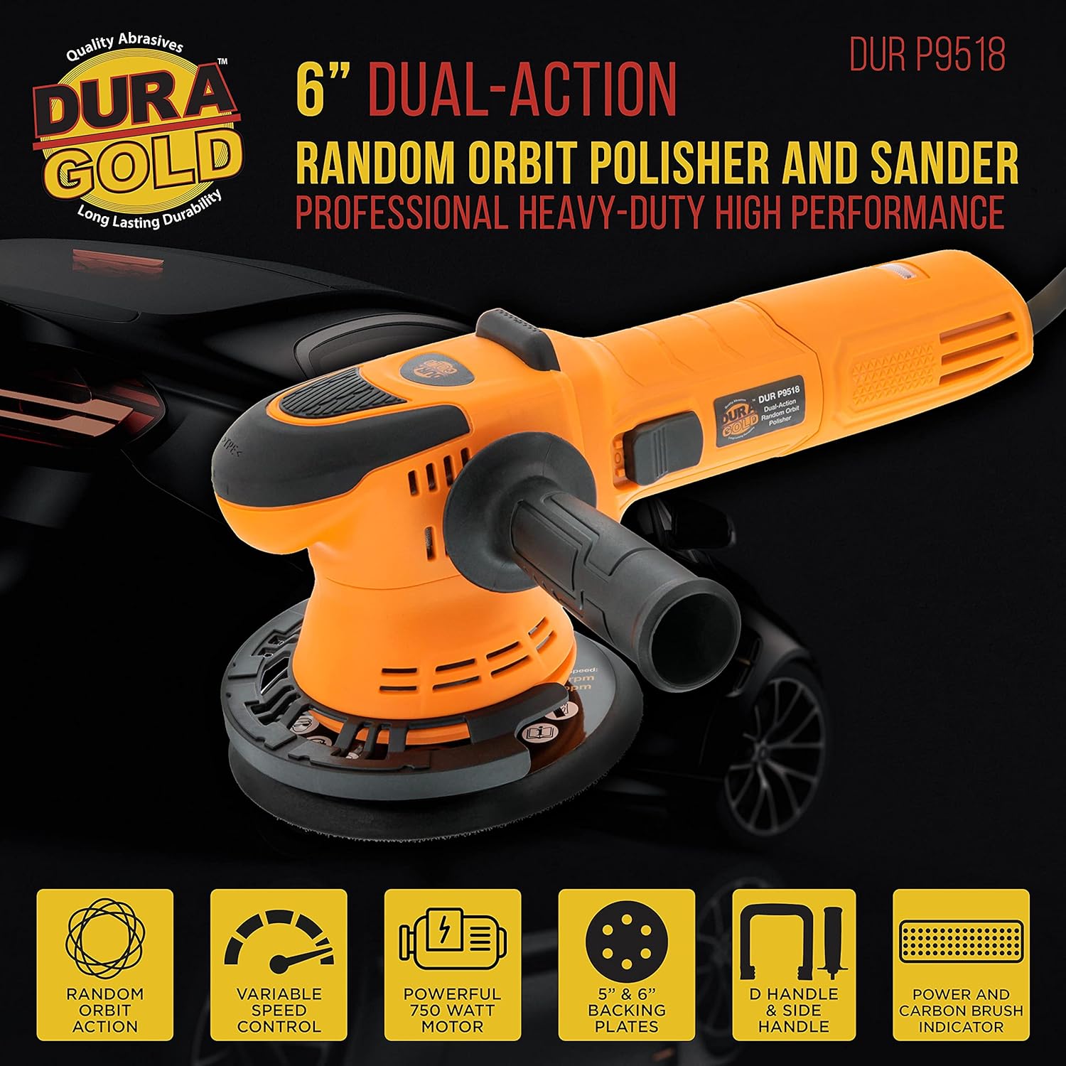 Dura-Gold Heavy Duty 6 Random Orbit Dual-Action Polisher Buffer Sander with Buffing & Polishing 8 Waffle Foam Pad Kit