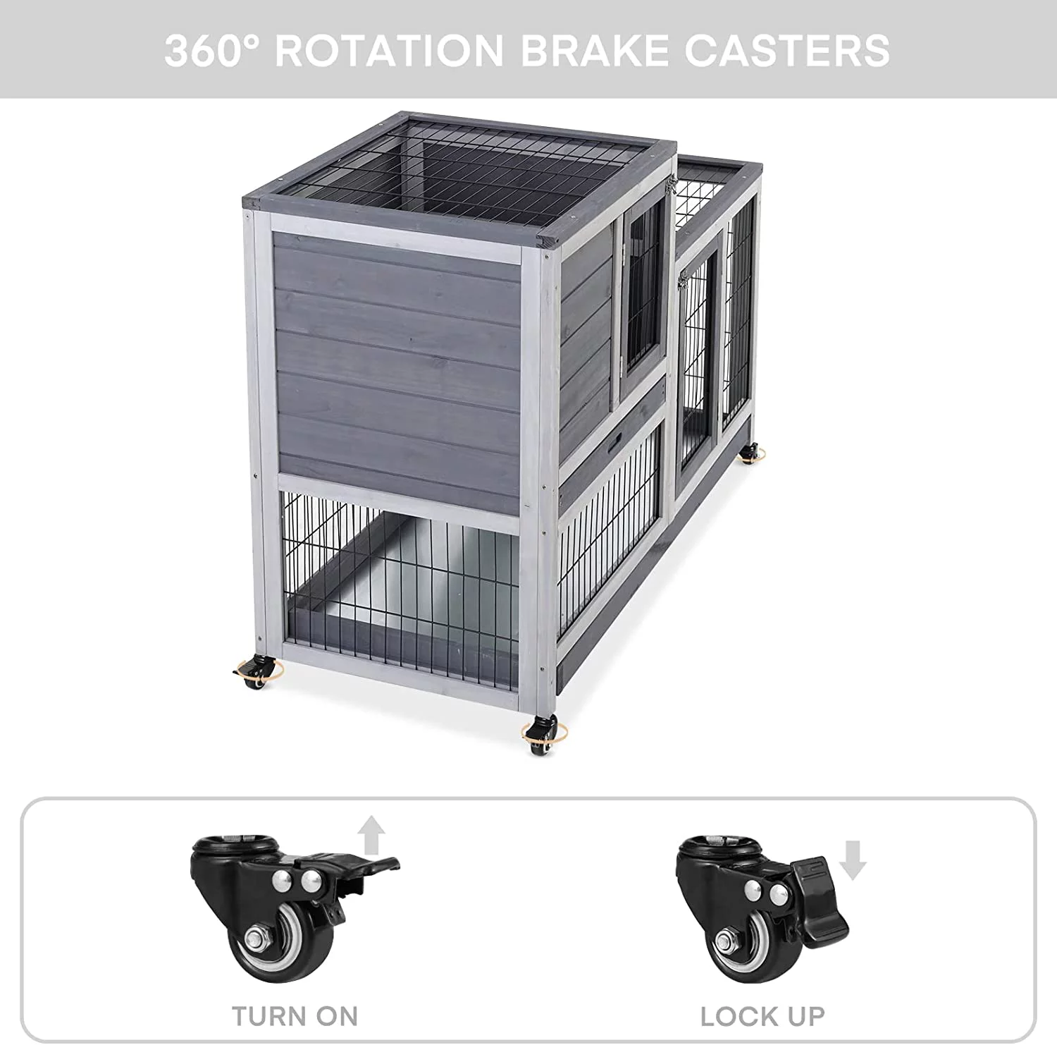 ZPL 43 Inch Rabbit Hutch, Wood Indoor Rabbit Cage Pet Cage with Wheel, Outdoor Large Rolling Bunny Hutch