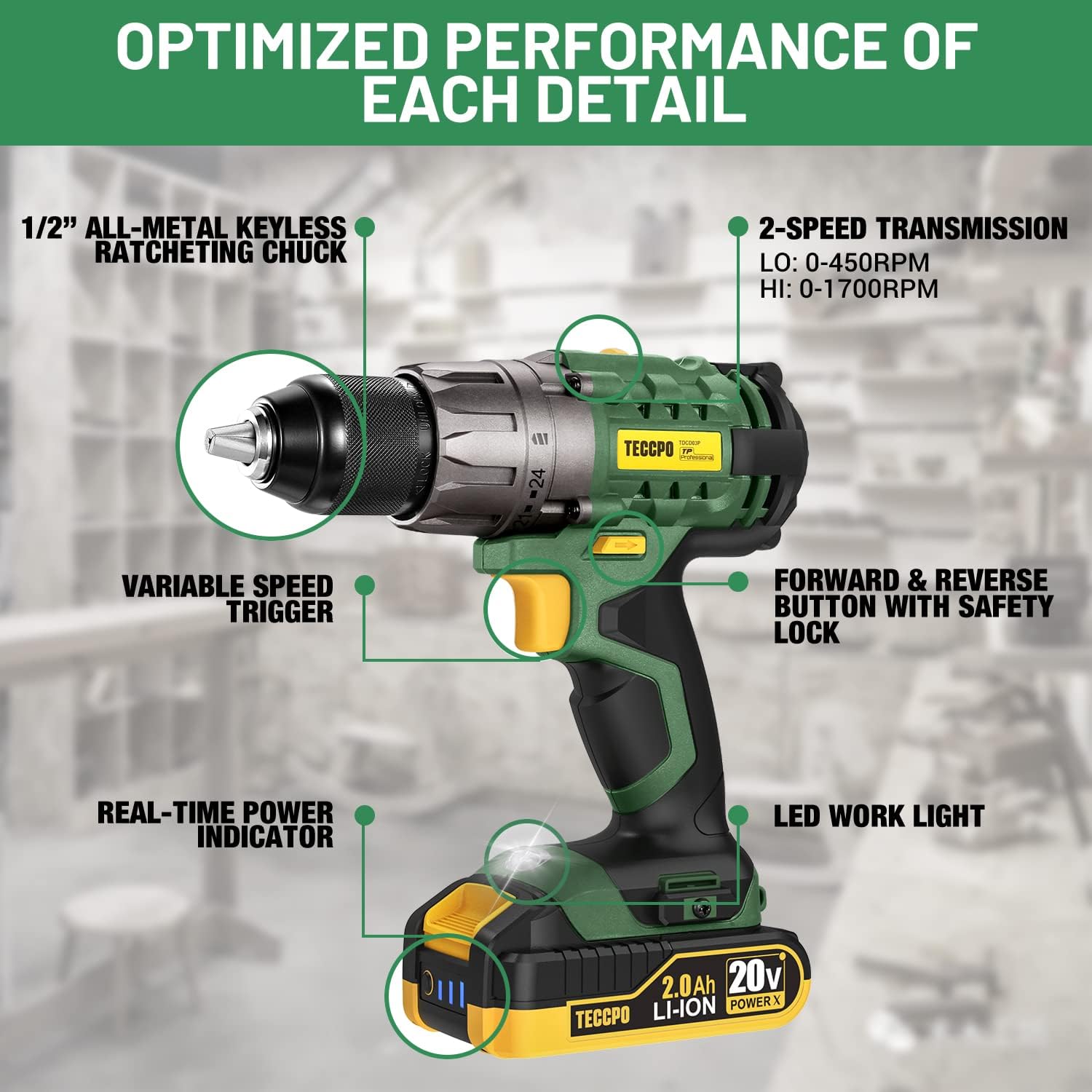TECCPO Power Drill, Cordless Drill with Battery and Charger(2000mAh), 530 In-lbs, 24+1 Torque Setting, 0-1700RPM Variable Speed