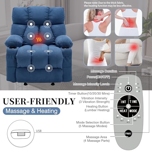 Recliner Chair with Massage and Heat, Rocker Recliner Chairs for Adults, Overstuffed Nursery Rocking Chairs for Living Room