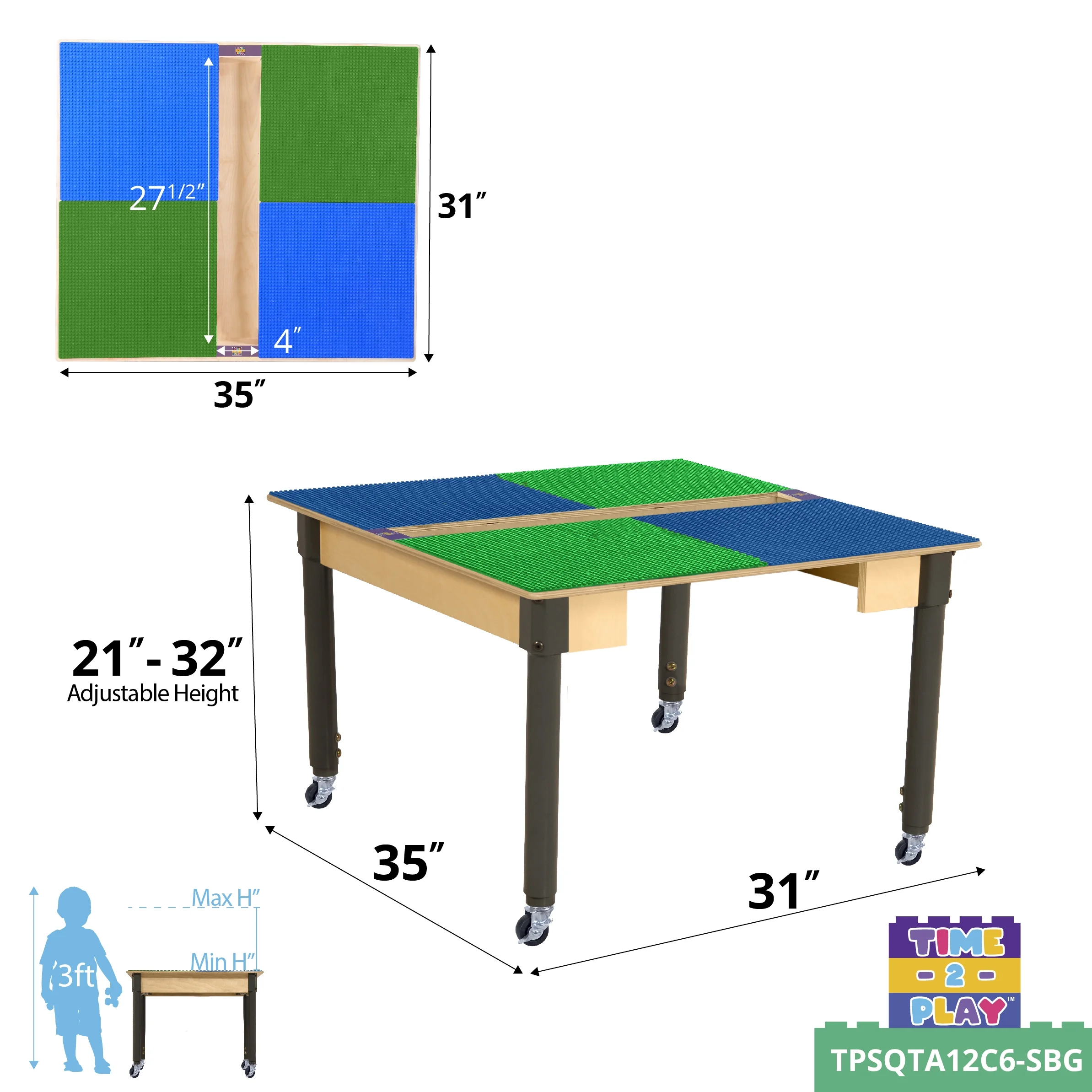 Time-2-Play 35" Square Birch Plywood Blue & Green Montessori Lego Compatible Building Blocks Table with Wheels