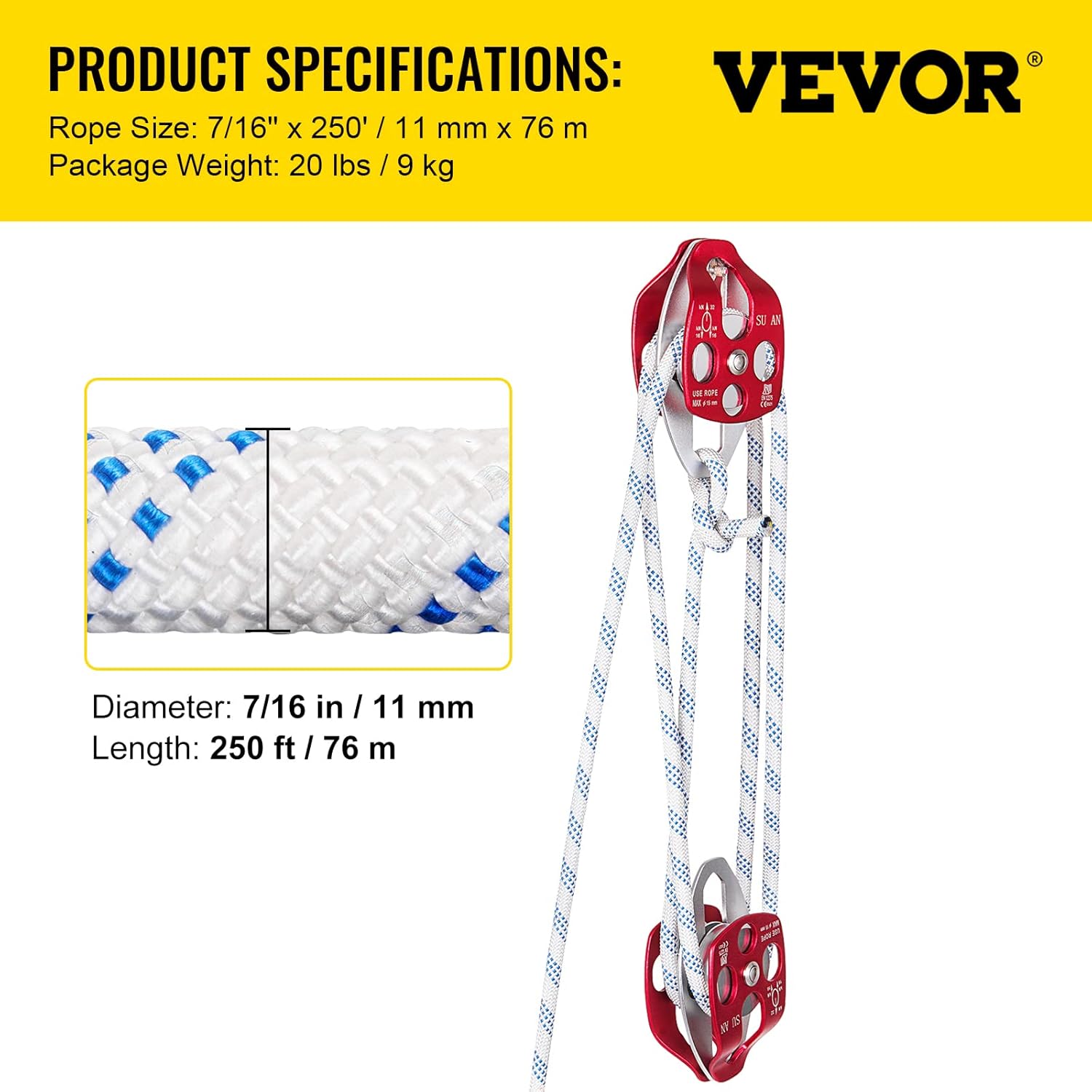 Mophorn Twin Sheave Block and Tackle 2/5-1/2Inch 100-200Ft Twin Sheave Block with Braid Rope 30-35KN 6600-7705LBS Double Pulley Rigging