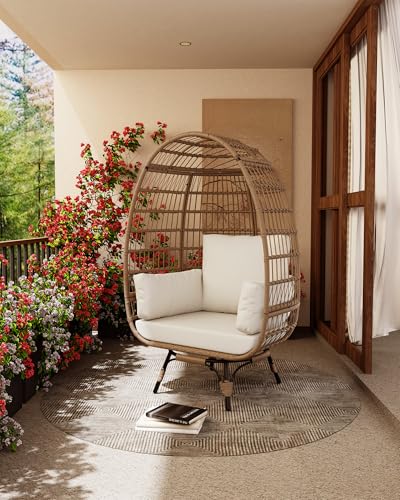 Oversize Wicker Egg Chair with 4 Comfy Cushions, Big Egg Shaped Lounger with Ottoman, Rattan Reading Chairs for Indoor Outdoor Patio Porch Backyard