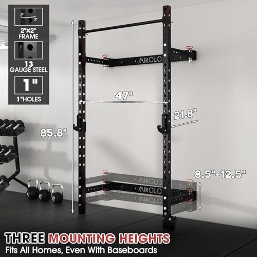 Mikolo 2" x 2" Folding Wall Mounted Squat Rack, 1000 Pounds Capacity Power Rack with Pull Up Bar, J Hooks and Other Attachments, Space-Saving Home Gym