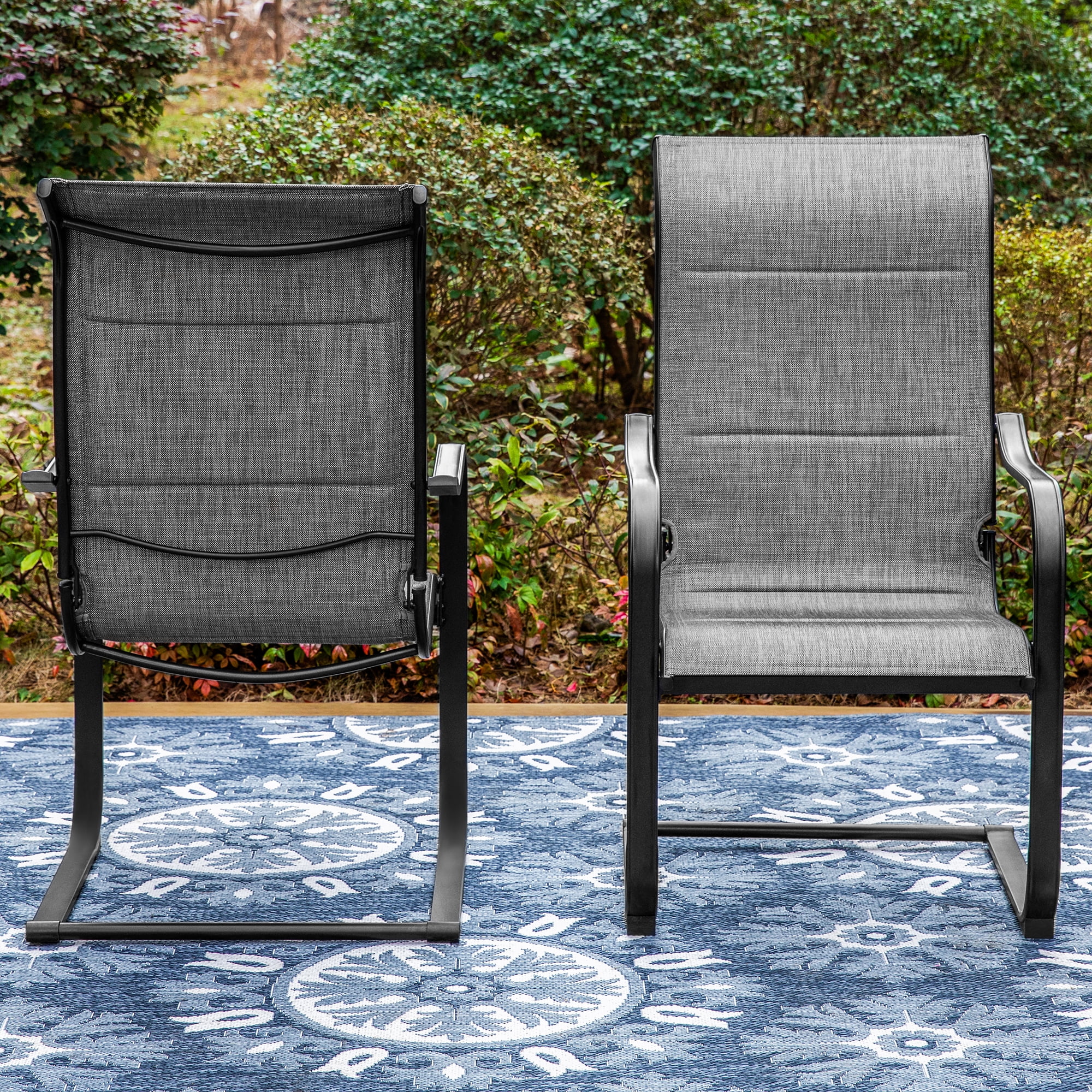 MF Studio 7 Pieces Outdoor Patio Dinning Set with 6 C Spring Textilene Chairs and 1 Metal Extendable Dining Table for 6 Person,Black&Gray