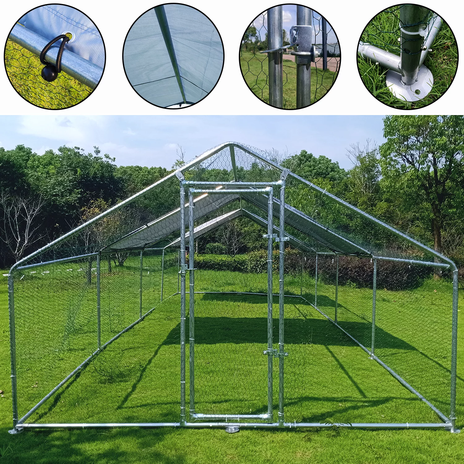 Large Chicken Run Coop 10x26ft Metal Hen House Geeloon Walk-in Poultry Cage W/ Cover