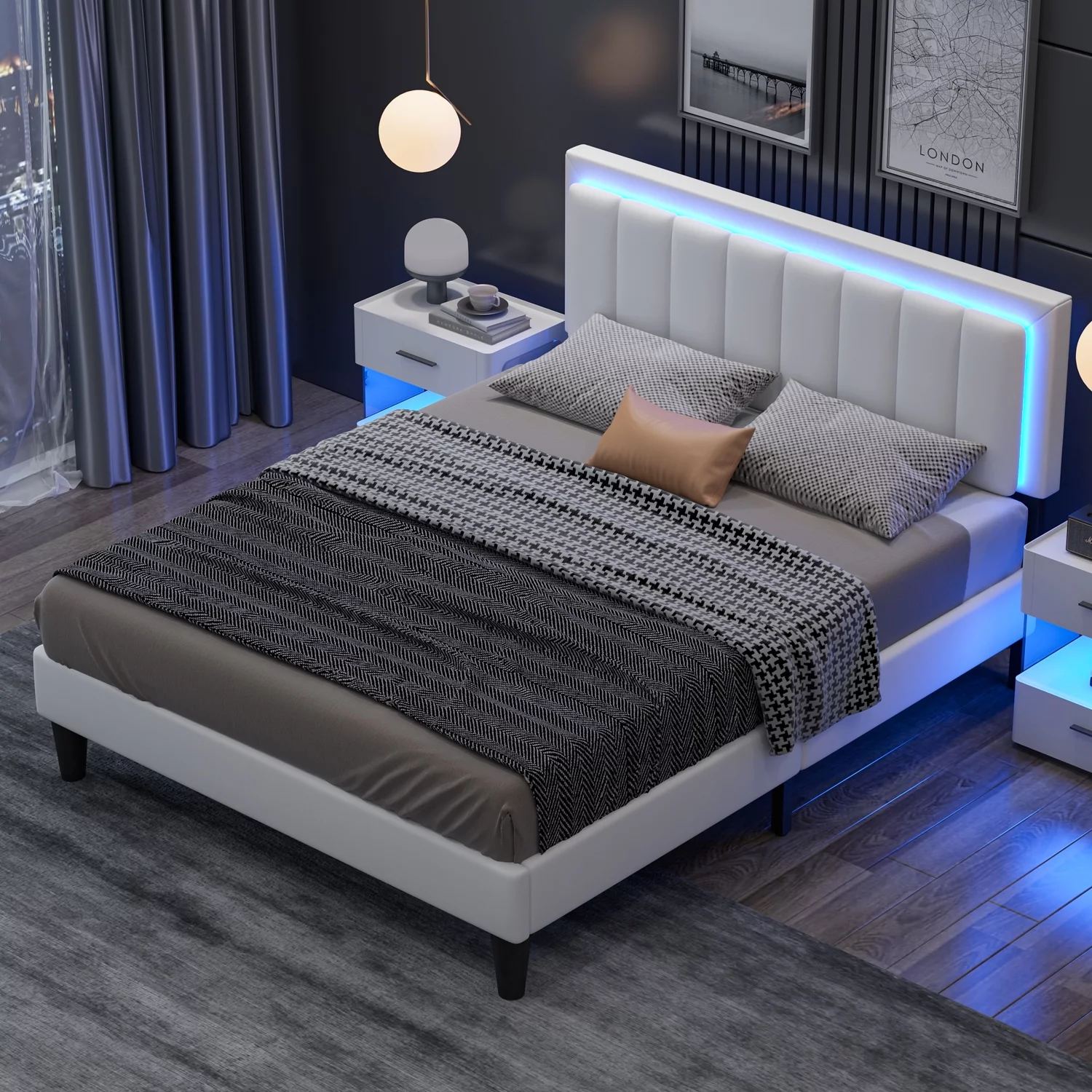 4 EVER WINNER Full Size Led Bed Frame, Upholstered Platform Bed Frame with PU Faux Leather Headboard, White
